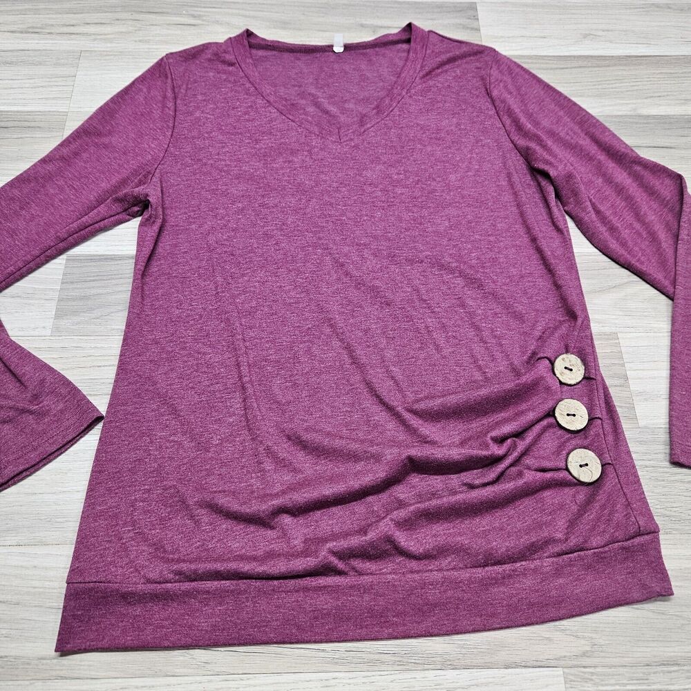 Womens Maroon V-Neck Longsleeve Shirt Button Detail Medium - Picture 2 of 7